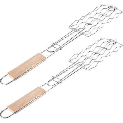 2 Pack Wooden Handle Anti Scald Fish Camping Grilling Basket Picnic Barbecue Accessories Sausage Cookware Non Stick BBQ