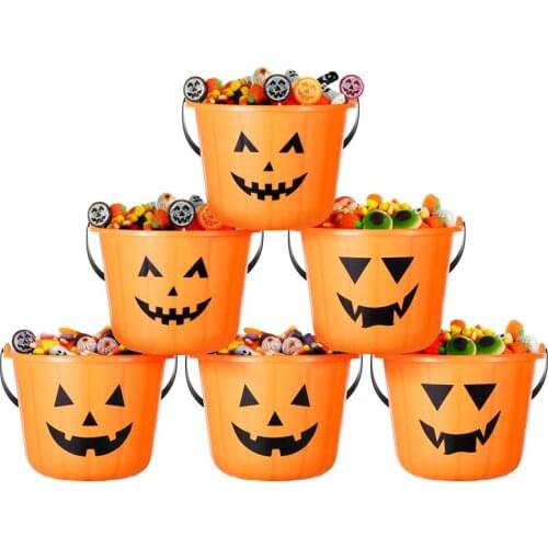 6pcs Halloween Trick Or Treat Pumpkin Bucket Candy Holder Pail Party Favor Basket With Handle Party Decoration Supplies