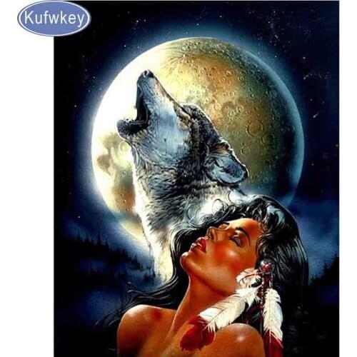 Wolf and Indian woman diamond Embroidery Pattern diamond mosaic DIY diamond paintings 3D Cross stitch kits resin wall pictures