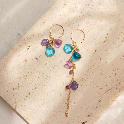 Lii Ji Natural Amethyst Tanzanite Blue Quartz 14K Gold Filled Asymmetric Earrings Fashion Delicate Jewelry
