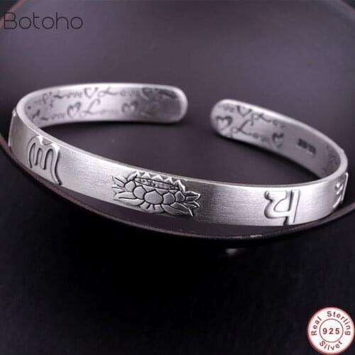 S999 Solid Sterling Silver colour Buddhism Lotus Open Cuff Bracelets for Women Vintage Retro Six Words Silver Bangle Woman