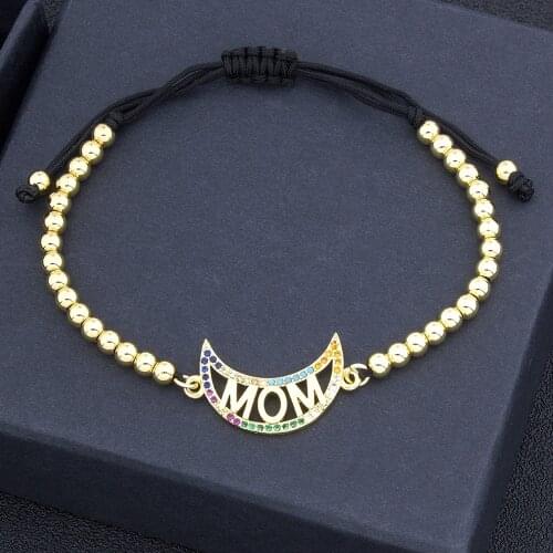 Moon Shape Gold Color Handmade Black Rope Adjustable Bracelets Copper Bead Bangle For Mom Mother Crystal Rhinestone Jewelry Gift