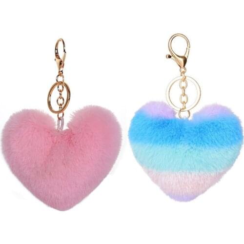 Heart-shaped Plush Peach Keychain Fashion Ladies Backpack Car Pendant Rainbow Key Ring Jewelry Gift