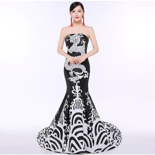 Black Fashion Dragon Printing Cheongsam Long Evening Dresses Qi Pao Women Mermaid No Shoulder Stage Gown Chinese Dress Qipao