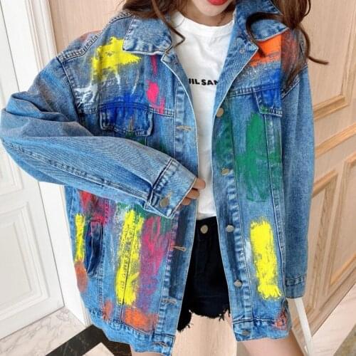 New Womens Graffiti Denim Jackets Autumn Long Sleeve Single-breasted Long Jeans Coats Loose Oversized Jacket Coats Outerwear