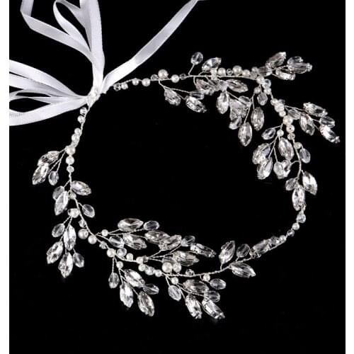 SLBRIDAL Handmade Riibon Wired Crystal Rhinestone Flower Wedding Hair accessories Hair Vine Hairband Bridal Headband Bridesmaids