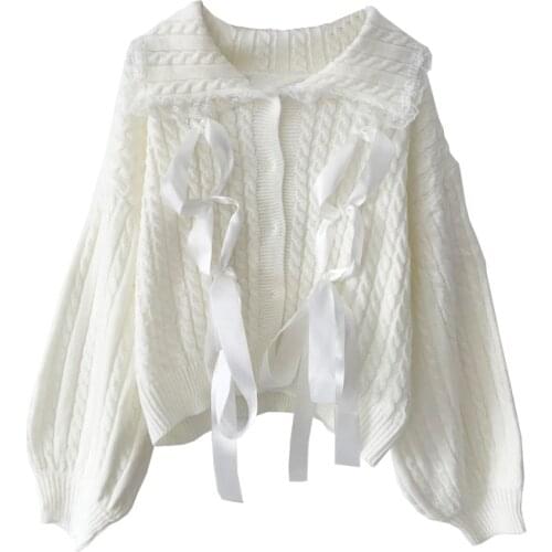 Korean Fashion Women Sweater Winter Chic Lace Button-down Bandage Knitted Cardigan Female Vintage Kawaii White Jumper Outerwear