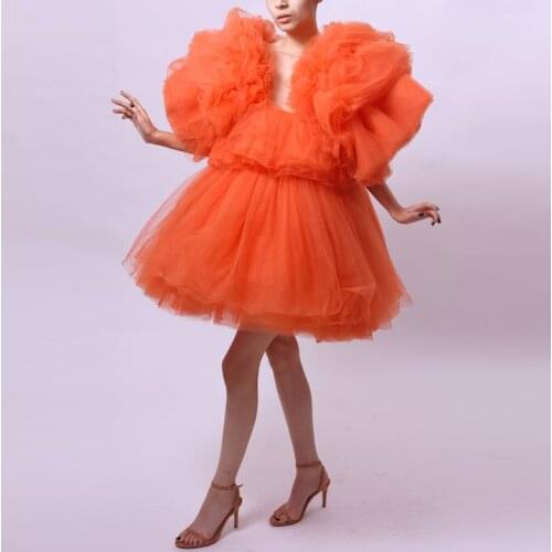 Newest Hot Orange Puffy Short Tulle Birthday Party Dresses Fashion Ruffles Ruched Mesh Sleeves Women Dresses Outfit