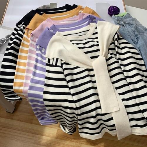Spring And Autumn New Loose Contrast Stripe Sweater Womens Loose Shawl Pullover Knitted Top