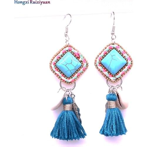 New Tassel Earrings / Bohemian Style Square Natural Stone Shell Earrings Fashion Geometric Lady Earrings Jewelry