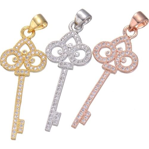 New summer womens fashion micro pave CZ rhinestone gold rose gold key necklaces pendants charms for jewelry making