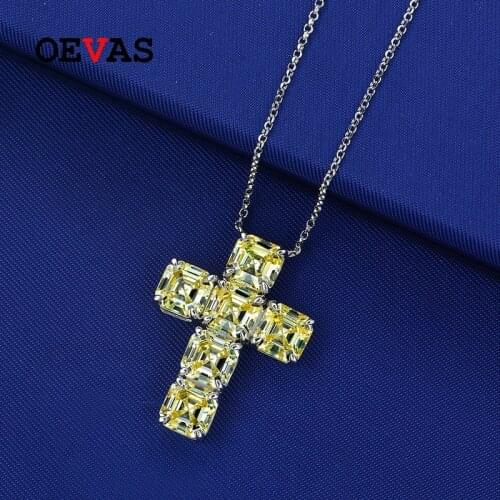 OEVAS 100% 925 Sterling Silver 7*7mm Yellow Cross High Carbon Diamond Pendant Necklace For Women Sparkling Party Fine Jewelry