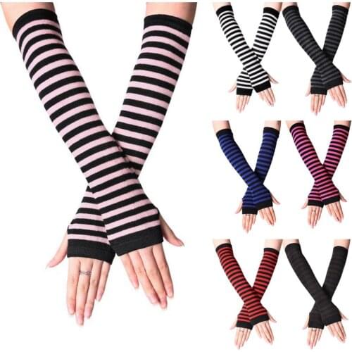 Fashion Women Lady Striped Elbow Gloves Warmer Knitted Long Fingerless Gloves Elbow Mittens Christmas Accessories Gift
