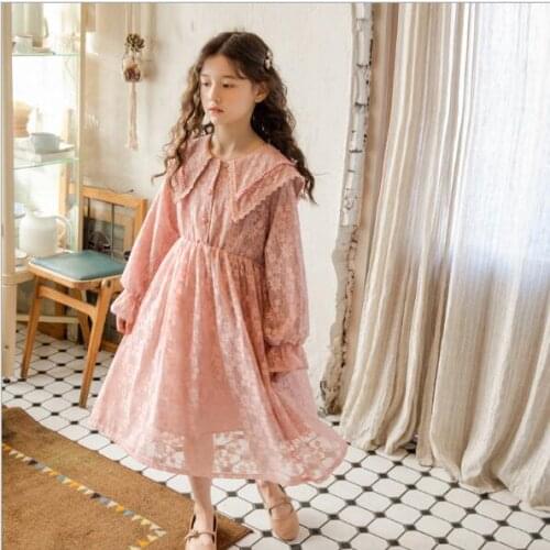 2021 New Girls Princess Dress Teen Kids Clothes Spring Pink Pearl Collar Lace Floral Children Dresses Party Maxi Long Dresses