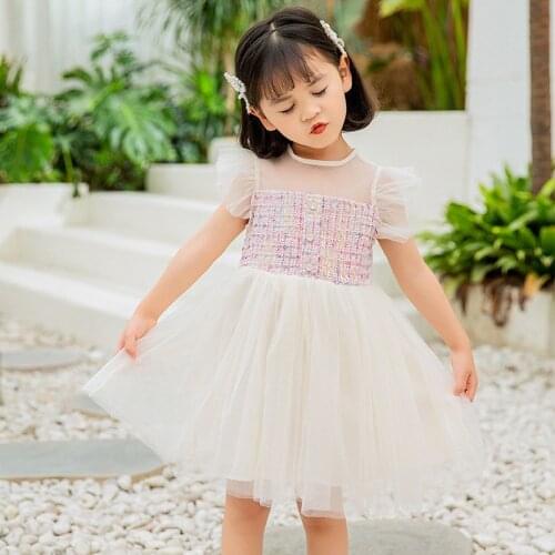 Summer Light Dresses For Girls 2021 New Fashion Child Ruffle Sleeves Round Neck Mesh Stitching Tutu 3-7 Years Kids Clothing