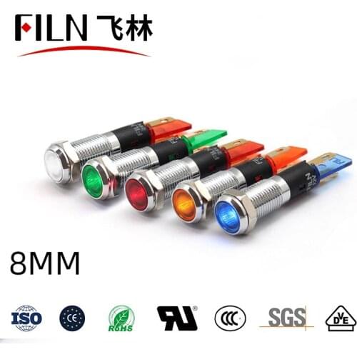 FILN YUEQING 8mm 12v 24v 110v 220v metal flat head led indicator light kitchen equipment signal lamp with soldering pin