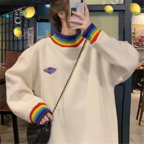 Korean Style Oversized Velvet Fleece Sweatshirt Women Rainbow Collar Coat Autumn Winter Loose Long Sleeve Harajuku Hoodies