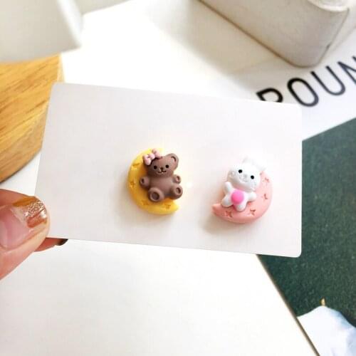 S925 Needle Cute cartoon rabbit bear asymmetrical earrings sweet girl moon resin earrings for women