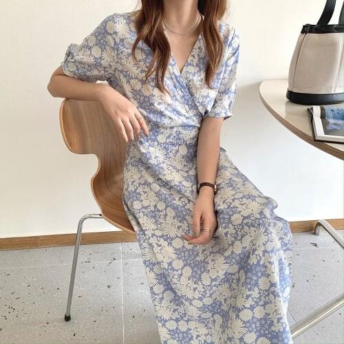 2021 Women Summer V Neck Elegant Long Floral Wrap Dress Lacing Up Slim Waist A-line Maxi Sundress
