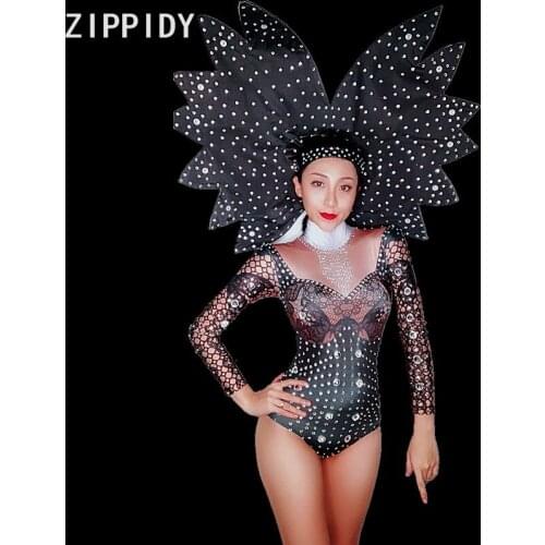 Fashion sexy Rhinestones Sleeves Spandex Bodysuit Evening Womens Costume Female Singer Dance Outfit Stage Wear