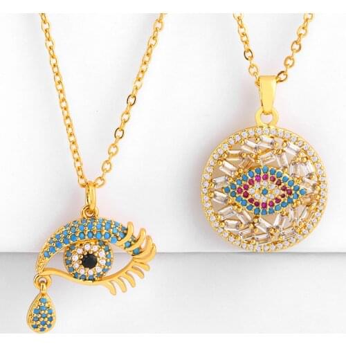 Lucky Evil Eye Pendant Necklace for Women Long Chain Gold Filled AAA Baguette Cubic Zirconia Necklace Turkish Jewelry nke-p61