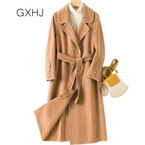 Women wool coat Women Elegant Long Wool Coat With Belt Solid Color Long Sleeve Chic Outerwear Ladies Overcoat Autumn Winter L277