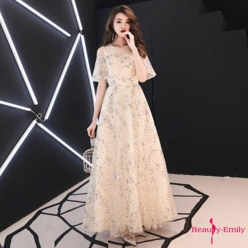 Beauty Emily Strapless O Neck Evening Dress Long Tulle Sequins Appliques Crystal Party Gowns Pleated Prom Dress Vestido de noche