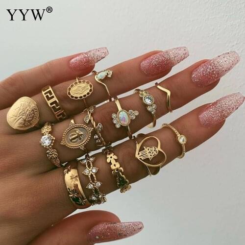 15pcs/Lot Vintage Gothic Lucky Ring Set For Women Boho Crystal Geometric Flower Cross Hollow Knuckle Ring Wedding Jewelry 12US