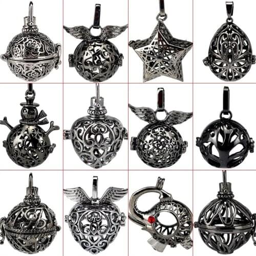 5pcs Black Filigree Pendant Cage Snowman Wings Star Ball Diffuser Perfume Locket Pendants For DIY Handmade Jewelry