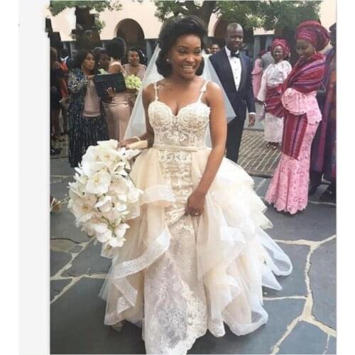 African Designer Wedding Dresses Spaghetti Straps Lace Up Back Appliques Bridal Gowns With Detachable Train Overskirt Vintage
