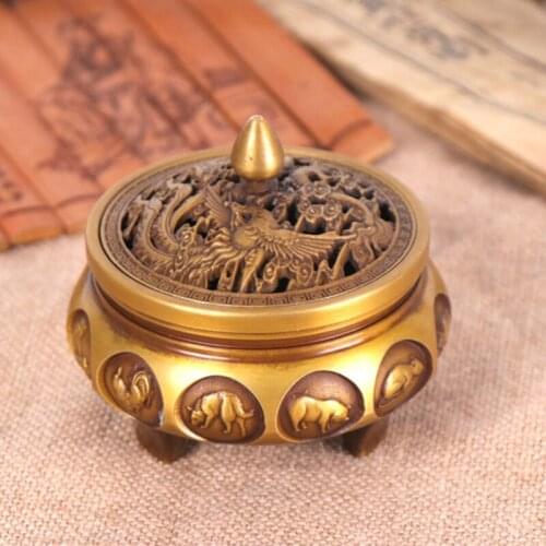 Pure Copper Zodiac Signs Incense Burner Wooden Base Brass Lotus Incense Burner Sandalwood Censer Office Home Decorations