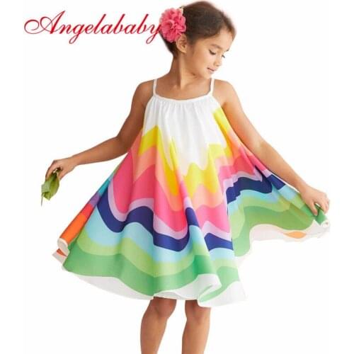 Childrens Breach Dress 2020 Summer European and American Girls Chiffon Sleeveless Sling Dresses Rainbow Print Princess Dress