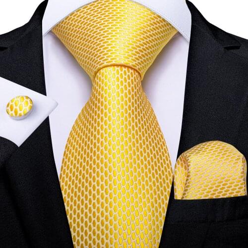 DiBanGu Mens Necktie Yellow Plaid Silk Wedding Tie For Men Tie Hanky Cufflink Set Business Party New Design Dropshipping