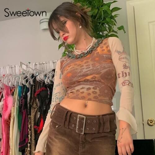 Sweetown Print Mesh Goth Y2K Woman Tshirts Patchwork Vintage 90s E Girl Aesthetic Streetwear Transparent Sexy Autumn Crop Tees