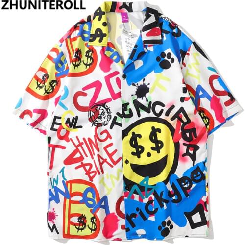 2021 Smile Face Hawaiian Beach Shirts Graffiti Print Hip Hop Button Shirt Mens Harajuku Short Sleeve Holiday Party Blouse Tops
