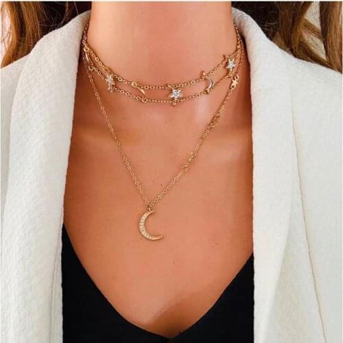 HaHaGirl Fashion Retro Moon Star Multilayer Pendant Necklace For Women Gold Color Chain Necklace Party Charm Jewelry Girls Gift