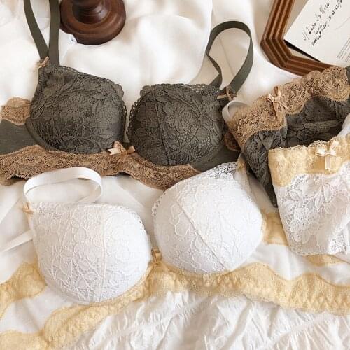 Wriufred Retro color contrast bra panty set gather lace latex bralette set sexy non-wire adjustment comfortable underwear