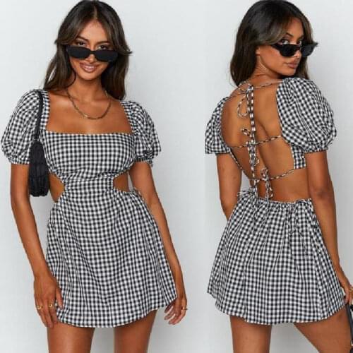 Summer Party Dress For Women New 2021 Square Neck Halter Lace Hollow Sexy Solid Color Plaid Seaside Holiday Beach Skirt
