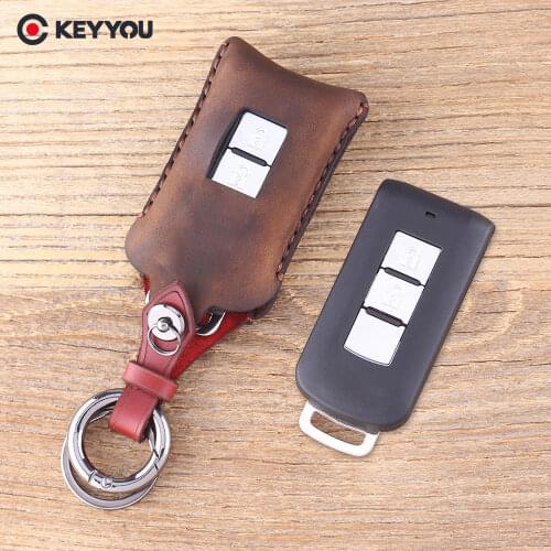 KEYYOU Leather Key Bag 2 Buttons Key Case Fob Case For Mitsubishi Lancer Outlander 2008-2012 Car Key Cover