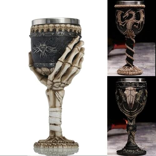 Creative 3D Skull Goblet Skeleton Dragon Claw Horn Punk Style Stainless Steel Gothic Linner Wine Glass Cup Halloween Friend Gift
