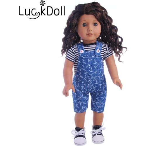 Fashion New 18-inch doll clothes black and white striped T-shirt + anchor pattern bib casual two-piece suit