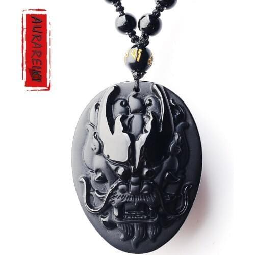 AURAREIKI Natrual Obsidian Carved Chinese Dragon Pendant Necklace Obsidian Buddhist Six-word Admonition Amulet Mala Unisex