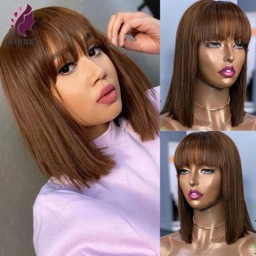 Dark Brown Straight Short Bob Human Hair Wigs With Bangs For Women Pixie Cut Straight 4x4 Lace Closure Brazilian Remy Hair Wigs