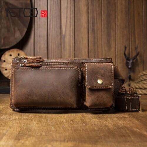 AETOO Handmade casual mens leather waist bag, vintage cowhide chest bag, outdoor sports leather personality messenger bag