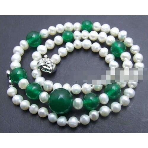 SALE Small 6-7mm Round Natural White pearl & 6-12mm green jade 17" Necklace