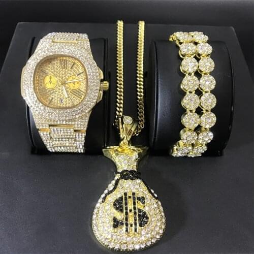 Luxury Men Gold Color Watch Men Watch & Necklace & Braclete Combo Set Ice Out Cuban Watch Crystal Miami Hip Hop For Men