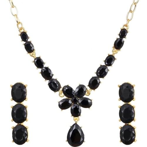Luxury Austrian Crystal Bridal Jewelry Sets Black Zircon Flower Water Drop Charms Golden Chains Necklace Earrings For Women