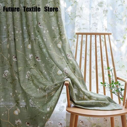 Nordic Cotton Linen Printed Curtains Finished Custom Simple Leaf American Pastoral Country Curtains Living Room Bedroom Curtains