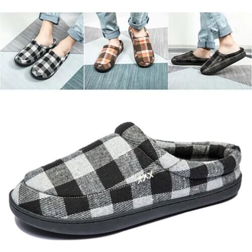 Mens Slippers Autumn Winter House Slippers Memory Foam Home Cotton Shoes Man Grid Non-slip Indoor Bedroom Floor Footwear