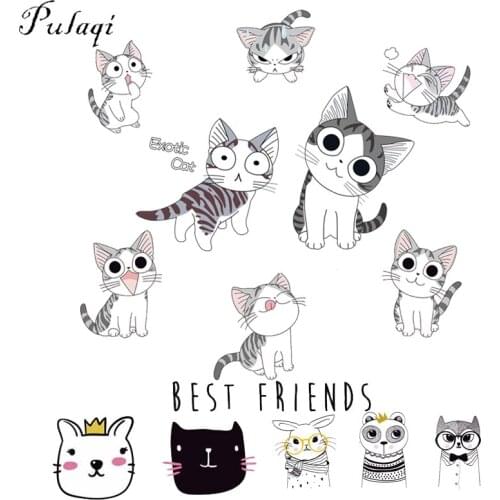 Pulaqi Cartoon Anime Cat Iron On Transfer For T-Shirts Heat Thermal Transfers Fabric Patche Thermal Paste For Clothing Decor E
